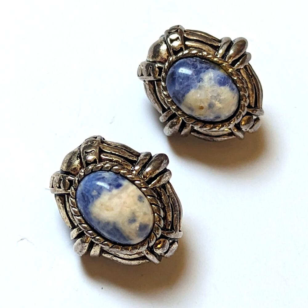 Vintage Silver Tone Brutalist Sodalite Cabochon Textured Clip On Earrings